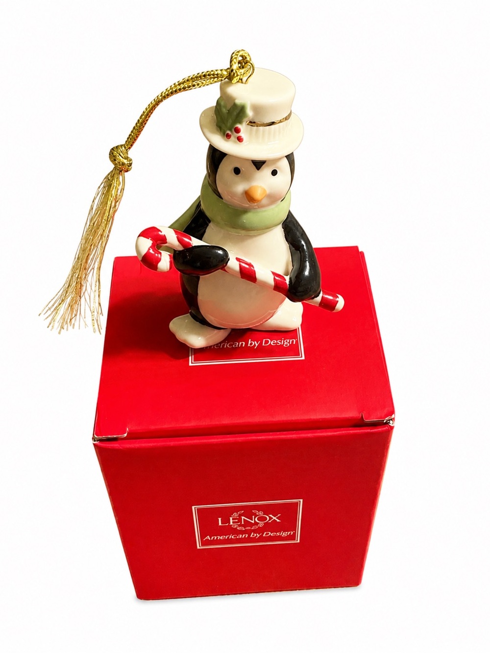 Lenox Black, White & Green Penguin Holiday Ornament with Candy Cane